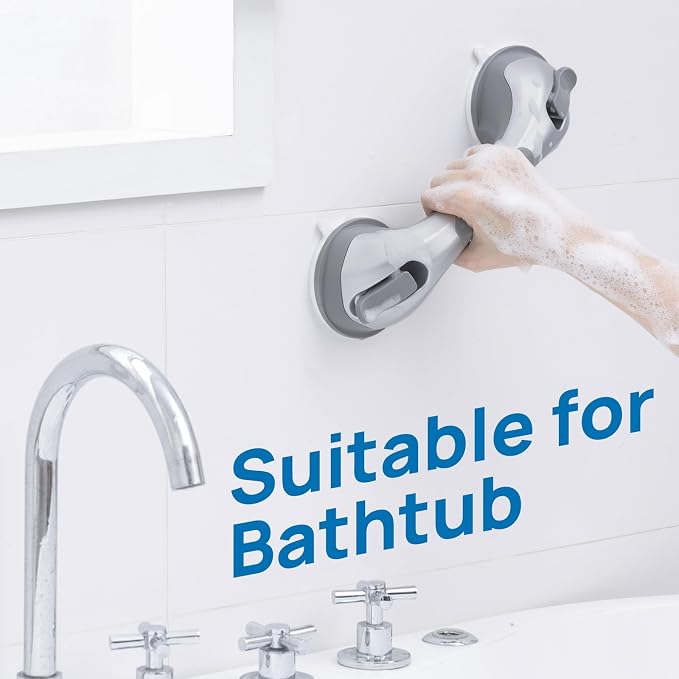 LEVERLOC Grab Bars for Shower Suction Bathtub Safety Rails, Heavy Duty 12 Inch Shower Handle Removable Bath Handrails for Seniors and Elderly, Bathroom Safety Grip No Drilling Waterproof Silver
