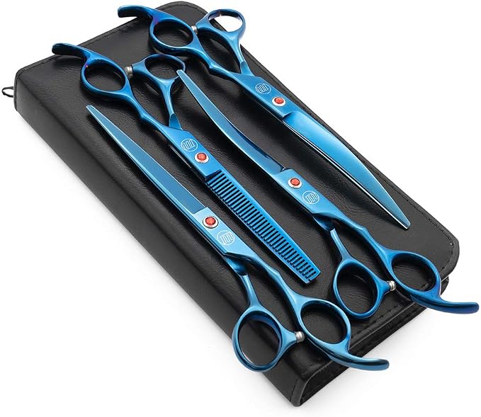 Moontay Professional 7.0" Dog Grooming Scissors Set, 4-pieces Straight, Upward Curved, Downward Curved, Thinning/Blending Shears for Dog, Cat and Pets, JP Stainless Steel, Blue