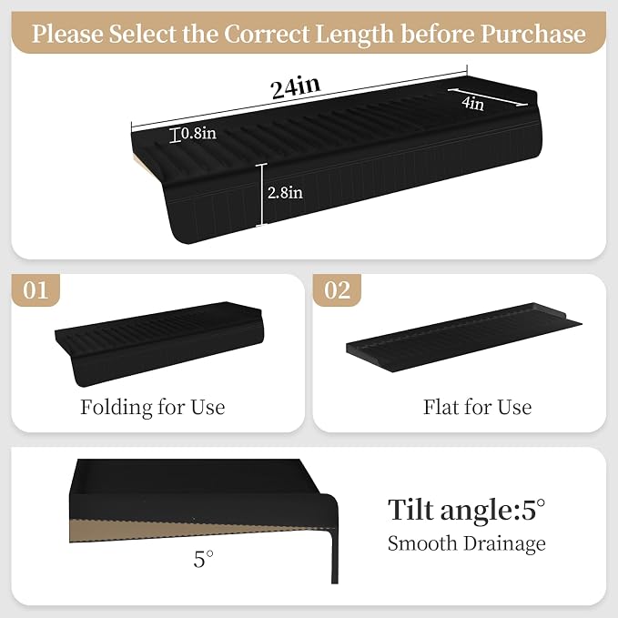Sink Edge Protector with Suction Cup, 24" x 4", Silicone Sink Splash Guard for Kitchen & Bathroom, Protect Countertop from Scratches, Stains, for Stainless Steel Granite Quartz