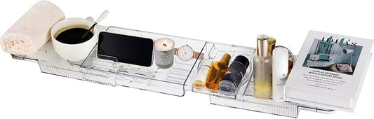 Expandable Bathtub Tray for Tub, Clear Acrylic Bath Caddy with Anti-Slip Design, Waterproof Bathroom Storage, Bath Organizer for Women, Fits Most Tubs up to 31.7" Ideal for Women and Adults