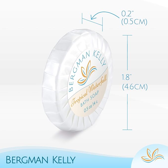 Luxury Travel Size Round Soap Bulk, Tropical Waterfall, 0.5 oz, 100 PK | Bergman Kelly Guest Size: Individually wrapped 1.9" diameter bars. Rich lather, ideal for Airbnbs, travel, and care packages.