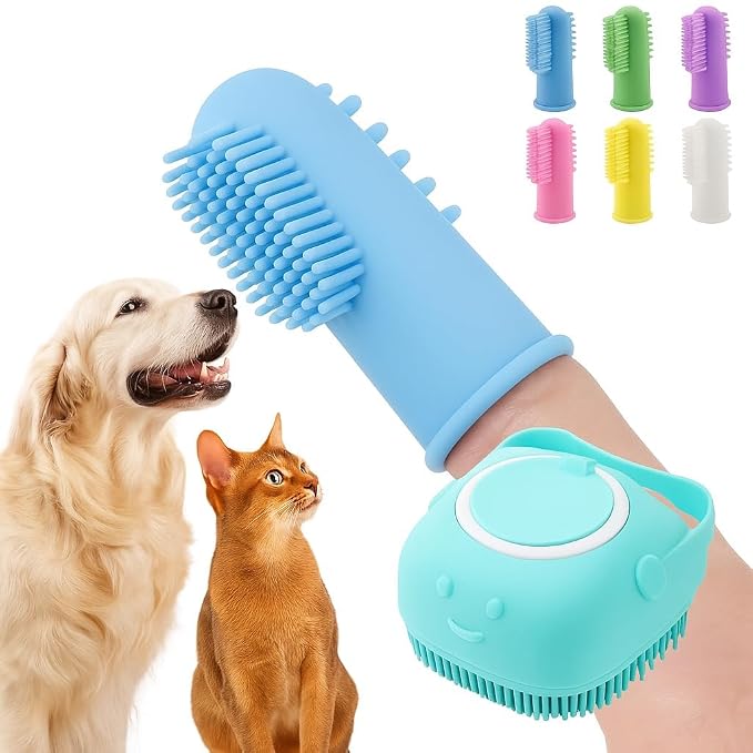 Dog Bath Brush with Shampoo Dispenser - Silicone Dog Shampoo Brush Scrubber for Bathing, Shedding & Massage for Dogs & Cats and 6 Finger Toothbrush For Dogs
