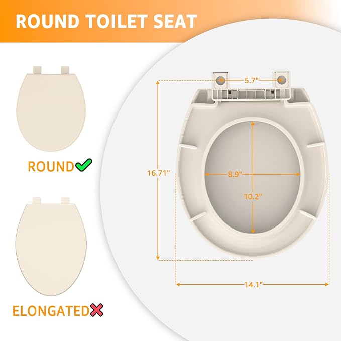 Toilet Seat Round 16.5 Inch with Quick Release-Quick Connect, Round Toilet Lid with Soft Close. PP Material Safe, Easy Clean and Install, Sturdy Accessories Never Loosen,2 Years Support, Almond
