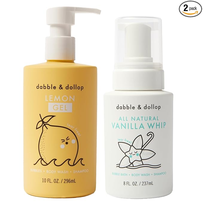 Dabble & Dollop Lemon + Vanilla Kids 3-in-1 Body Wash, Shampoo & Bubble Bath Bundle – Gel + Foam Whip Set, Tear-Free, Gentle, Natural-Origin, Hypoallergenic and Safe for Sensitive Skin (Pack of 2)