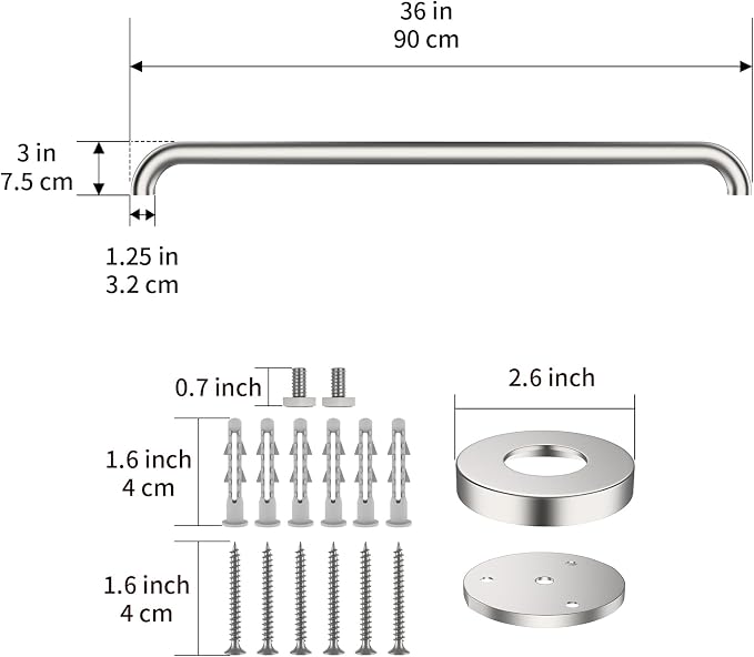 36 Inch Shower Grab Bar, ZUEXT SUS304 Stainless Steel Brushed Nickel Bathroom Grab Bar Handle, Shower Balance Bar, Safety Hand Rail Support, Handicap Elderly Senior Assist Bath Handle (1.25" Diameter)