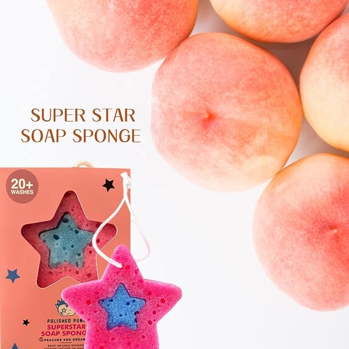 All-Natural Soap-Infused Sponge for Kids and Tweens Body Wash, Gentle on Skin, 20+ Uses (Peaches and Dreams)
