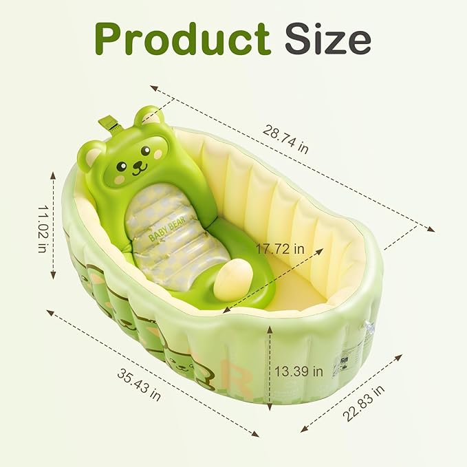 Inflatable Baby Bathtub with Seat Cushion & Air Pump, Newborn to Toddler Bath Tub, Foldable Portable Toddler Tub for Shower Sink, Non-Slip Texture, Quick-Drain, Travel-Ready, Green