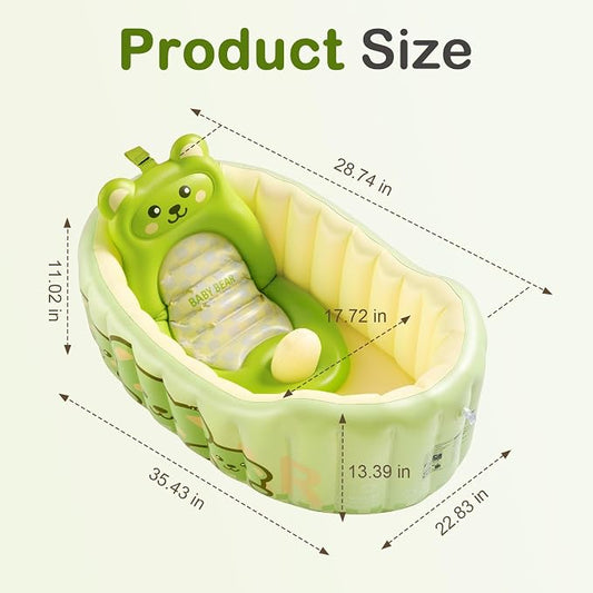 Inflatable Baby Bathtub, Newborn to Toddler Reclining Bath Tub with Soft Back Cushion & Air Pump, Foldable Portable Infant Tub for Shower Sink, Non-Slip, Quick-Drain Plug, Travel-Ready, Green