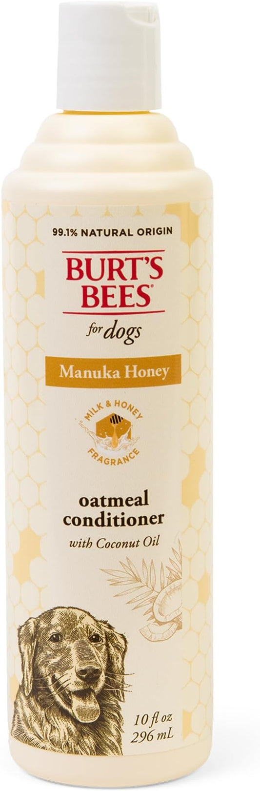 Burt's Bees for Pets Manuka Honey Oatmeal Conditioner for Dogs, Colloidal Oatmeal, 95%+ Natural Origin, No Sulfates, Parabens or Phthalates, Leaves Coat Soft & Shiny, Milk & Honey Scent, 10 Fl Oz