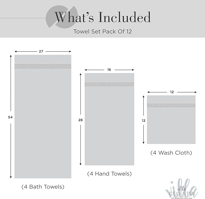 12-Piece 100% Cotton Towel Set, 4 Bath Towels, 4 Hand Towels, 4 Wash Cloth, Quick-Dry, Grey