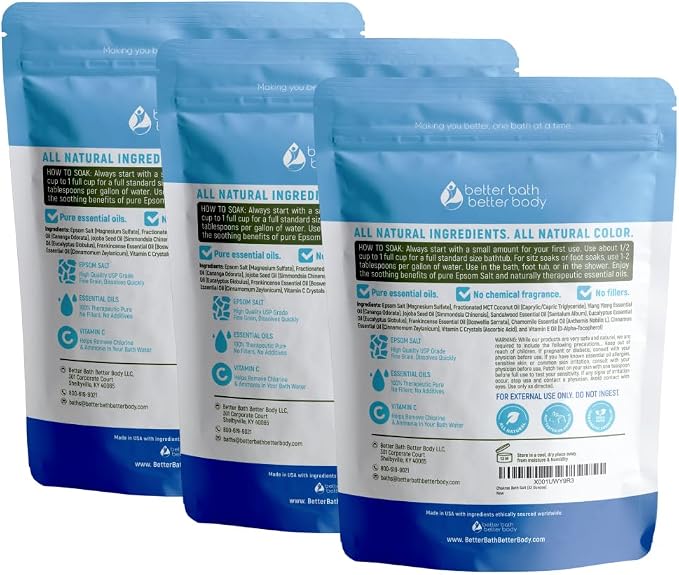Chakras Bath Salt (3 Pack) USP Epsom Salt with Natural Ylang Ylang and Sandalwood Essential Oils Plus Vitamin C in BPA Free Pouch with Easy Press Lock Seal Made in USA Bundle 6 Lbs Total