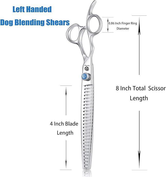 Purple Dragon 8.0" Left Handed Professional Pet/Dog Grooming Hair Cutting Scissors&Downward Curved Scissor &Chunker Shears with Bag - for Mancinism Pet Groomer or Family DIY