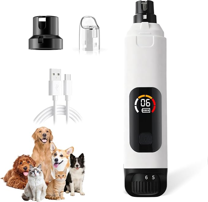 New dog nail grinder with LCD screen, 6 speeds, 4 types of grinding heads, suitable for all types of cat and dog nail, silent groom pro nail grinder, Quiet and low-vibration | Long battery life