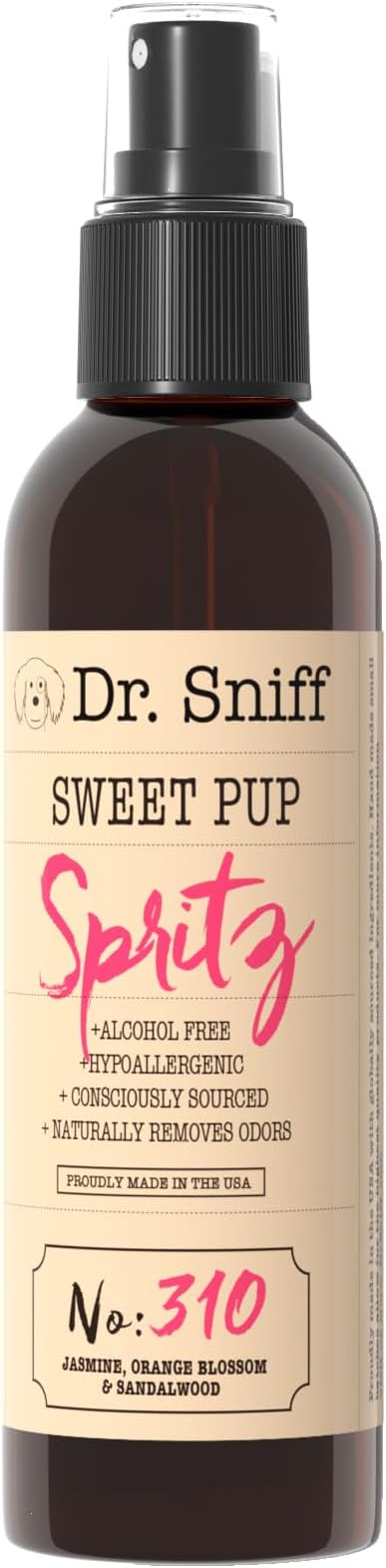 Dr. Sniff Dog Spray Sweet Pup Scent Deodorizing Grooming Cologne 8 oz – Alcohol-Free Daily Coat Refresh Mist with Jasmine and Orange Blossom for Sensitive Skin Dogs and Puppies