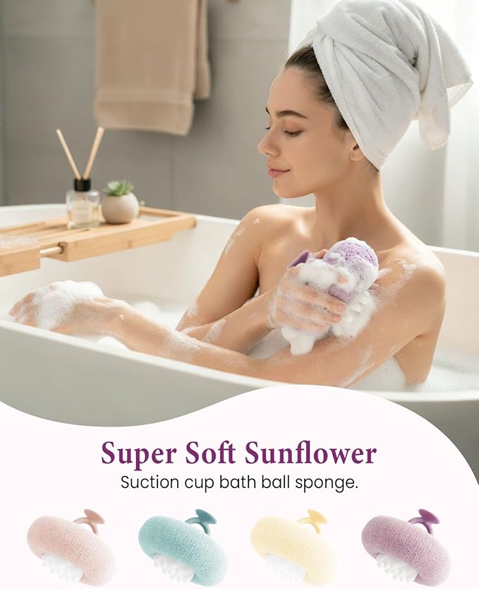 4Pcs Super Soft Sunflower Suction Cup Bath Ball, 2-in-1 Super Soft African Exfoliating Shower Towel Net Sponge Bath Ball, Exfoliating Bath Net Sponge Body Scrubber Shower Ball for Men Women (Purple)