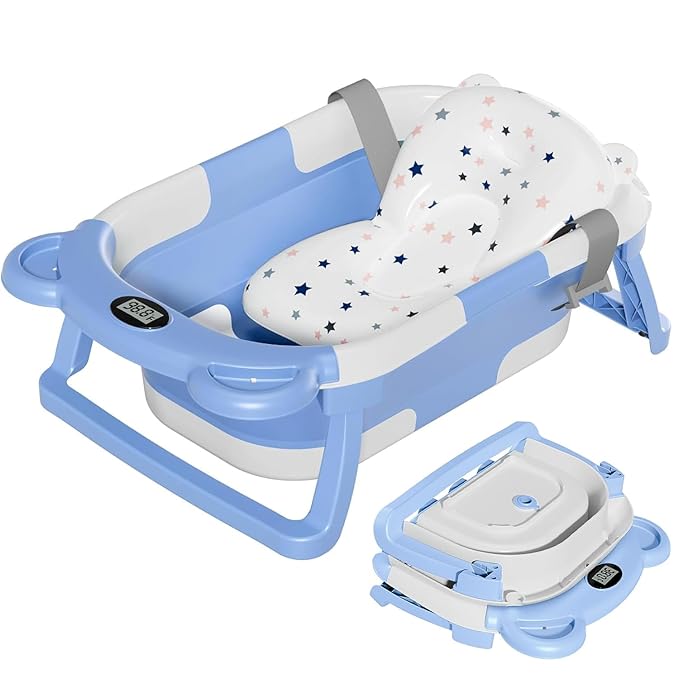 TPN Collapsible Baby Bathtub, Baby Bath Tub with Soft Cushion & Real-Time Thermometer, Baby Bathtub Infant to Toddler Tub (0-36 Months), Portable Newborn Travel Bath Tub