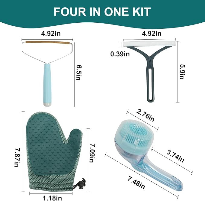 4-in-1 Pet Hair Remover Kit for Cat & Dog Fur Remover for Couch, Carpets & Clothing - Pet Hair Remover Grooming Glove & Pet Bath Scrubber with Shampoo Dispenser