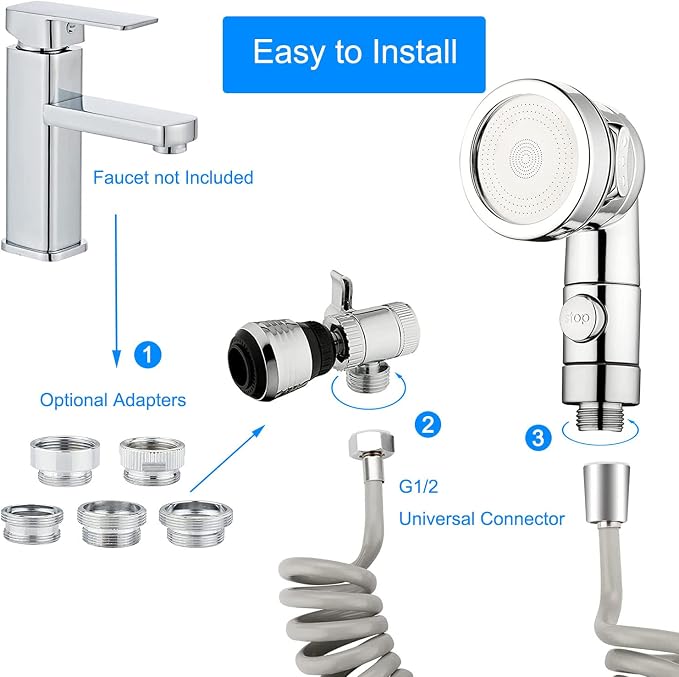 Sink Faucet Sprayer Attachment,Sink Shower Sprayer Attachment Set To Tub Faucet,ON/OFF Shower Head with (5 adapters),Sink Extension Hose Sprayer for Laundry Bathroom Kitchen