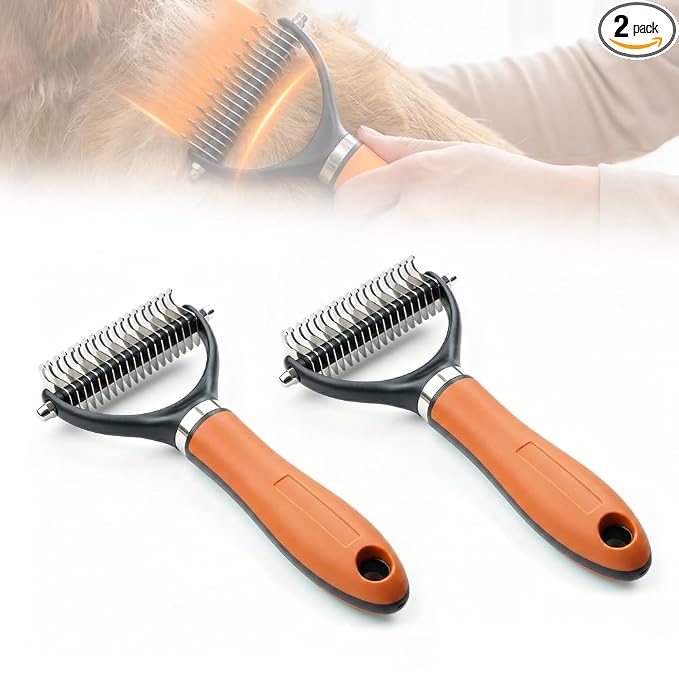 Double-Sided Pet Grooming Brush, 2026 New Undercoat Rake for Long Haired Pets, Durable Dematting Tool for long haired cats, Easy Grip Fur Remover Comb for home use (2, Orange)