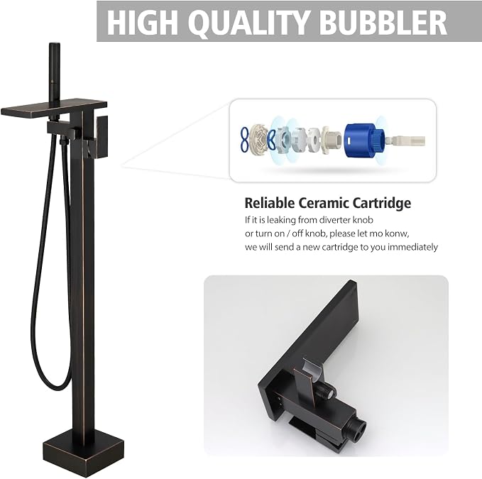 Hoimpro Tub Filler Freestanding Bathtub Faucet Oil Rubber Bronzed Floor Mount Tub Faucet Waterfall Free Standing Bathtub Filler High Flow Brass Bath Shower Faucets with Handheld Sprayer