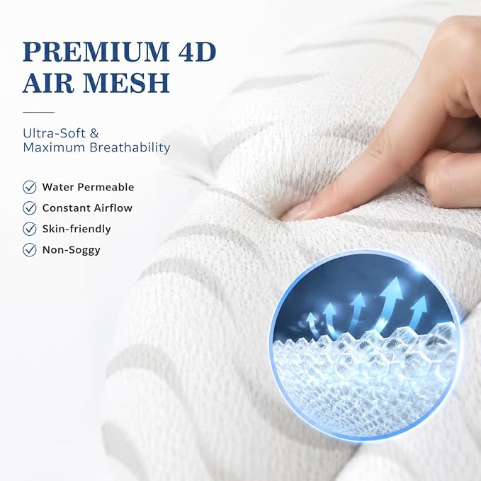 Wavy 4D Air Mesh Bath Pillow for Tub Neck and Back Support | Includes 6 anti-slip suction cups and a built-in hook for quick drying. Excellent ergonomic spa accessories gift for adults.