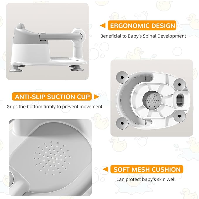 Baby Bath Seat for Babies 5-10 Months, Non-Slip Toddler Bath Seats for Babies Sitting Up, Safe Infant & Newborn Bathtub Chair with 4 Suction Cups & Soft Cushion for Shower,Gray