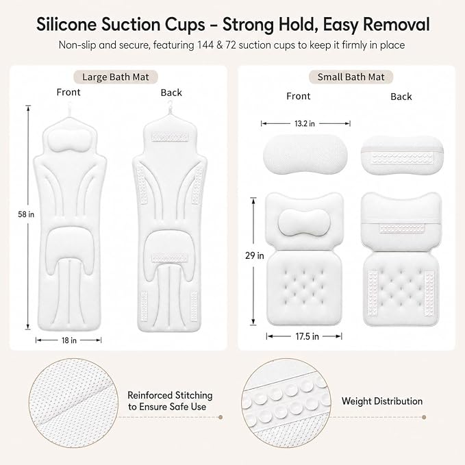 58" Full Body Bath Pillow for Two, Bath Tub Pillows for Head and Neck, Waist, Back Support, 6D Air Mesh Luxury Bathtub Cushion for Soaking Tub, Bathtub Accessories for Relaxing Spa