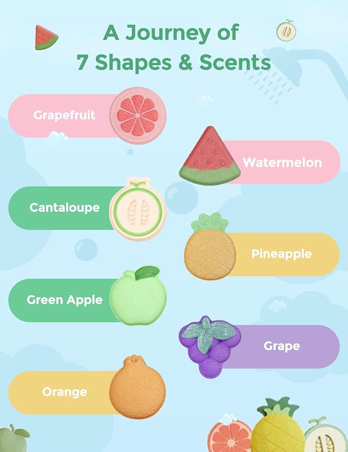 Momcozy 14 Count Natural Fruit‑Shaped Bath Bomb with Premium Essential Oils, Educational & Playful Bath Time Essentials, Kid‑Friendly Bath Fizzies Gift Set in 7 Adorable Fruit Designs