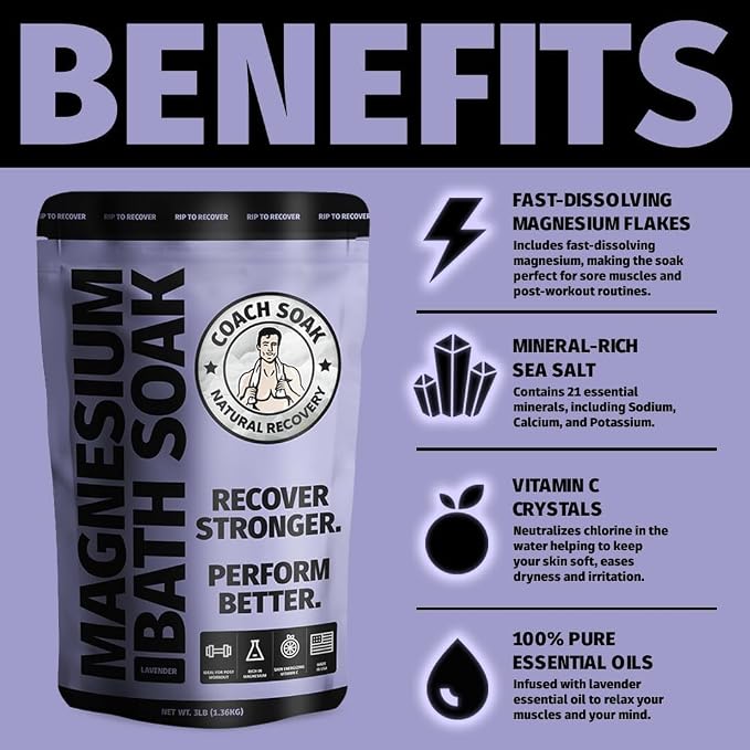Coach Soak Recovery Bath Soak & Magnesium Cream - Bath Salt (3 lb) & Magnesium Lotion (3.4 oz) - Natural Recovery Cream & Fast-Absorbing Pure Flakes for Relaxing Muscle Support, Calming Lavender