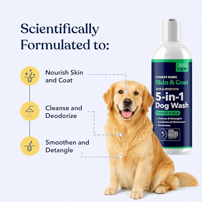 Honest Paws Dog Shampoo and Conditioner - Premium Dog Wash for Allergies and Dry, Itchy, Moisturizing for Sensitive Skin - Sulfate Free, Plant Based, All Natural - Oatmeal & Aloe -16 Fl Oz
