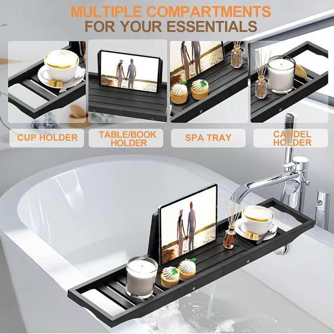 Bathtub Tray Caddy Black - Bath Tray Black - Bath Tub Table Tray Caddy - Bamboo Bath Tray for Tub