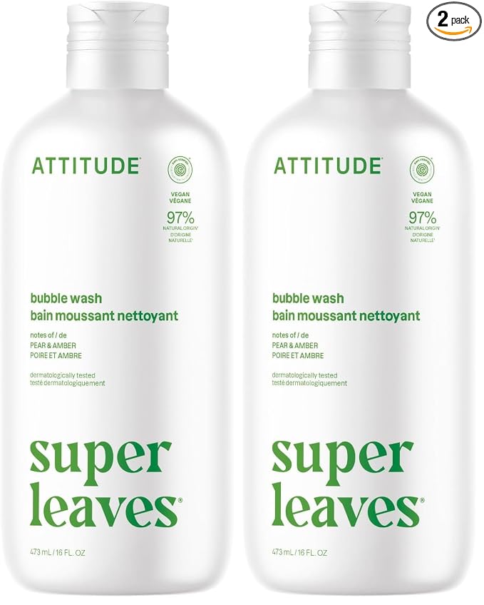 ATTITUDE Bubble Bath, EWG Verified, Plant and Mineral-Based Ingredients, Dermatologically Tested, Vegan and Cruelty-Free Body Care Products, Olive Leaves, 16 Fl Oz (Pack of 2)