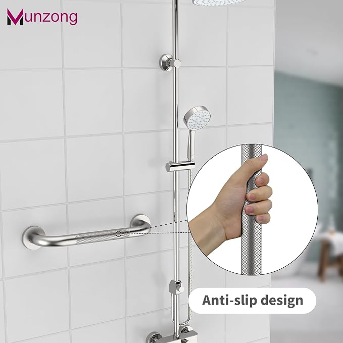 16 Inch Anti Slip Shower Grab Bar,Munzong Handicap Grab Bars,Brushed Nickel Knurled Bathroom Balance Bar,Safety Hand Rail Support Elderly Senior Bath Handle