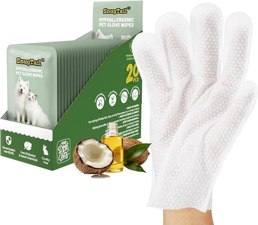 Pet Glove Wipes for Dogs and Cats, 20 Individually Wrapped Packs pet wipes, wash gloves Safe for Sensitive Skin, Quick Deodorizing, Loose Hair Removal, Full Body Grooming for Fur, Paws, Eyes & Ears | Pet Wipes Gloves 20 &32 Individual Packing for Sensi...