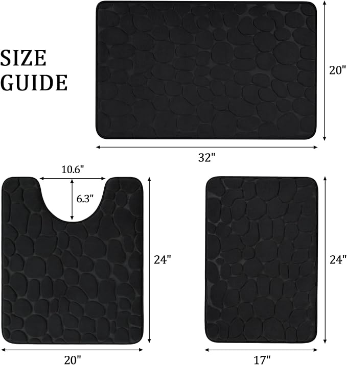 YIHOUSE Bathroom Rugs Mat Set, Memory Foam Bath Mat 3 Piece Black | U Shape+Small Mat, Non Slip, Water Absorbent, Washable, Bath Mat For Bathroom, Sink and Toilet