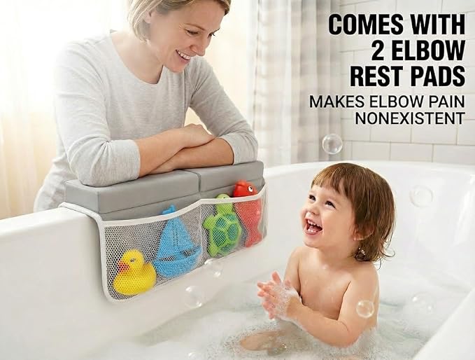 Premium Baby Bath Kneeler & Elbow Rest Pad Set – Thick Memory Foam Cushion – Non-Slip Mat with Mesh Toy Organizer – Baby Bathing Essentials for Parents – Gray