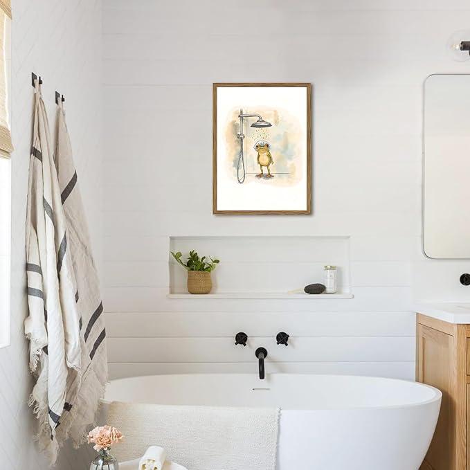 Funny Frog Bathroom Wall Art Cute Frog Bathroom Wall Decor Picture Whimsical Animal Shower Poster Canvas Print Painting for Restroom 16x24 inch Wood Framed