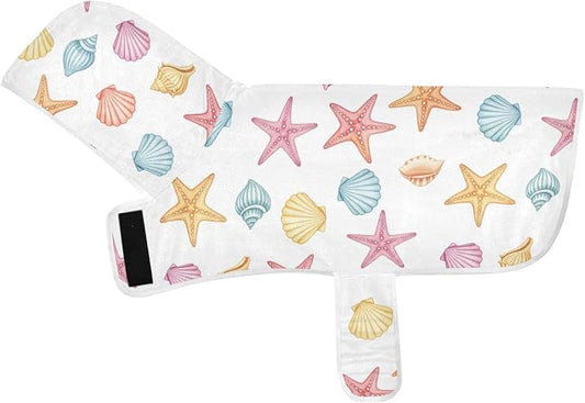 Beach Seashells White Starfish Print Dog Bathrobe Towel Super Absorbent Pet Towels for Drying Dogs, S