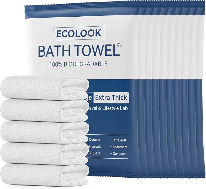 ecolook 10-Pack Disposable Bath Towels for Travel, Extra Large 31"x63", 100GSM Plant Fiber, Dual Texture Soft & Quick-Drying Disposable Towels for Hotel Camping Beach Swimming Gym Sauna Spa