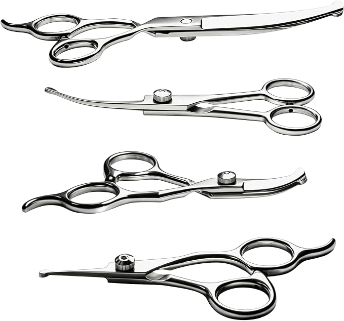 4 in1 Curved Dog Grooming Scissors Kit,7.5", 5.5", 5" & 5" Curved Down Pet Grooming Scissors with round tips for pets face and paw grooming