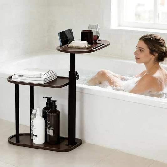 3 Layer Bathtub Tray Table,Bamboo Swivel Bathtub Side Table Height Adjustable,Freestanding Bathtub Tray for Tub Against Wall,Bathtub Accessories&Bathroom Organizer for Luxury Home Spa (Brown)