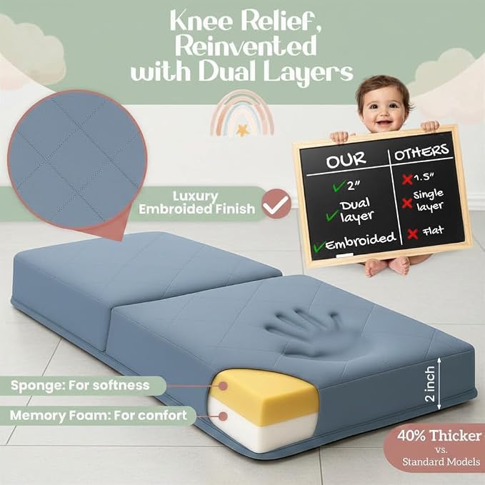 2inch XL Baby Bath Kneeler and Elbow Rest Pad Set + Hooded Towel - Embroidered Kneeling Pad for Bathing Baby - Dual-Layer Memory Foam Bathtub Kneeler and Elbow Rest Set