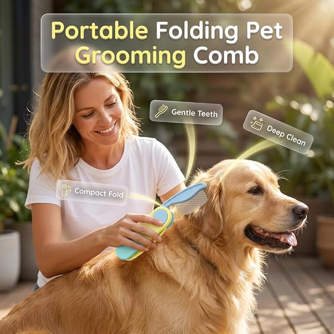 Professional Pet Eye Comb, Stainless Steel Folding Round Head Grooming Tool, Tear Stain Remover Flea Lice Combs, Precisely Clean Eye Area Dirt for Cats Dogs (2PCS Yellow)