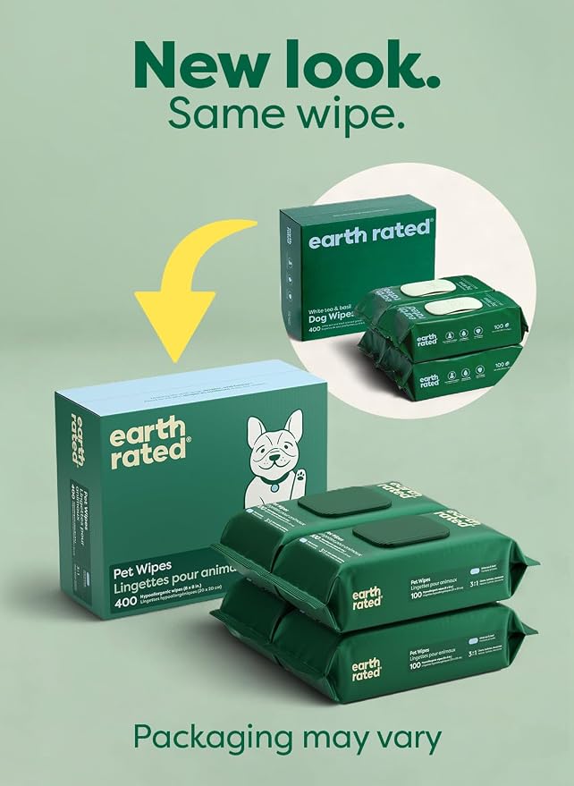 earth rated Pet Wipes for Dogs and Cats, Hypoallergenic, 3-in-1 Cleaning, Deodorizing and Hydrating, for Grooming Paws, Body and Butt, New White Tea and Basil Scent, 400 Count