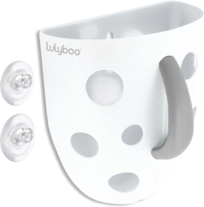 Lulyboo Baby Bath Toy Holder with No-Slip Suction Cups, BPA-Free Drainage Bin, Easy Clean Wall Organizer, White & Grey, Keeps Bathroom Clutter-Free & Safe for Kids