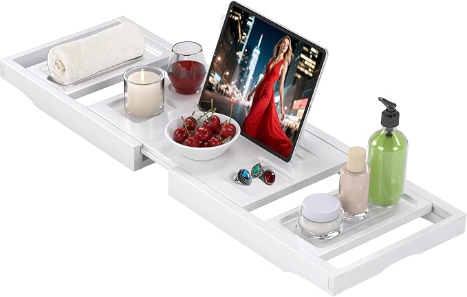 Bathtub Tray Caddy,Premium Bamboo Expandable Bath Tub Trays Table, Foldable Bathroom Accessories,Great House Warming, Anniversary and Birthday Gifts,White