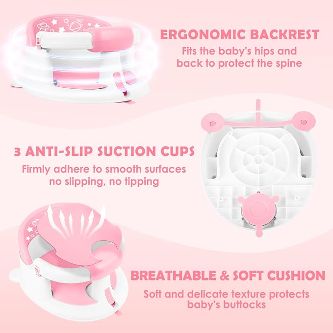 Baby Bath Seat 6M+, Non-Slip Cushion, CPSC Certified, 5-Pc Set, Pink | BPA-free PP+TPR, easy-release handle, ergonomic backrest, lightweight & portable, available in pink