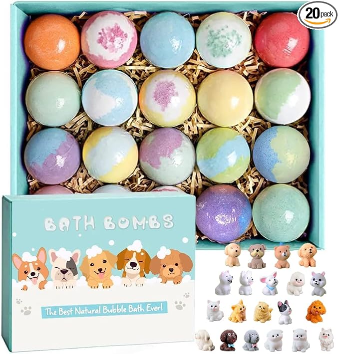 Bath Bombs for Kids with Surprise Inside for Girls Boys Toddlers, 20 Pack Organic Kids Bath Bombs with Puppy Dolls Inside, Kids Safe Handmade Bubble Bath Fizzies, Ideal Birthday Christmas Gift Set