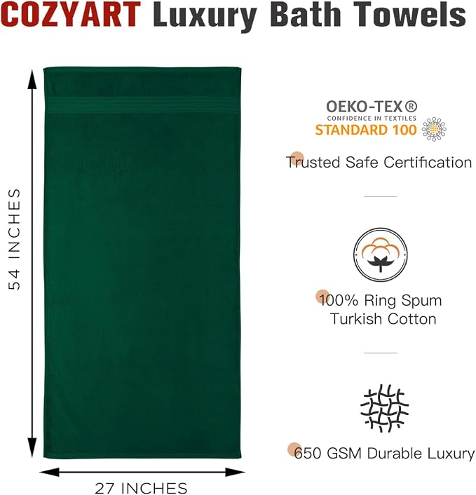 COZYART Dark Green Bath Towels for Bathroom 2 Pcs, 27x54inch Cotton Bath Towel Set Super Soft Highly Absorbent Durable 650 GSM Shower Towels for Daily Use