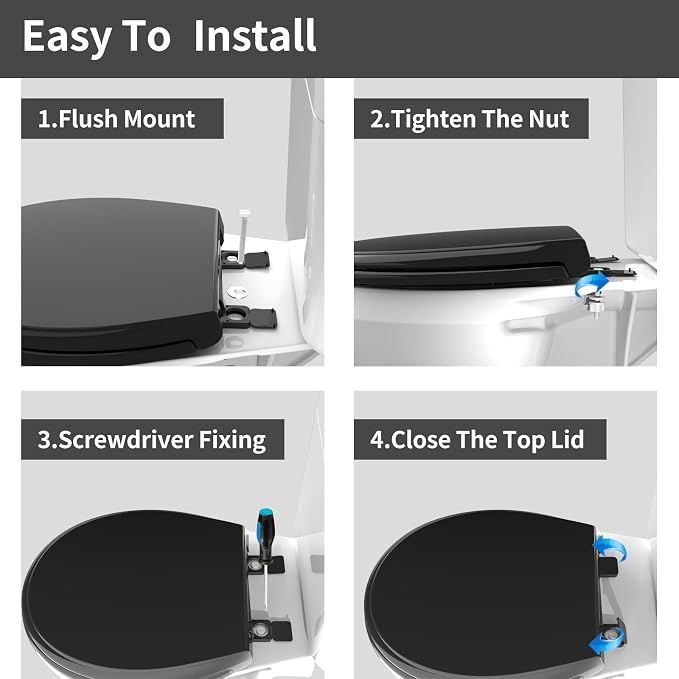 Black Round Toilet Seat 16.5 Inch, Soft Close Toilet Seat, Quiet No Slam Toilet Lid, Easy Install & Quick Release, Durable PP Plastic, Easy Clean, Fits Most Standard Round Toilets, Black